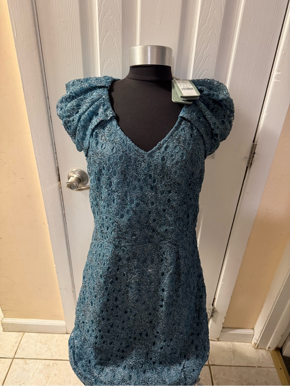 Teal Lace V-Neck Puff Sleeve Dress